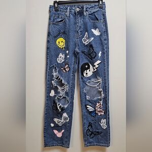 Rue21 size 0‎ baggy jeans butterflies, peace, good vibes, smiley face distressed